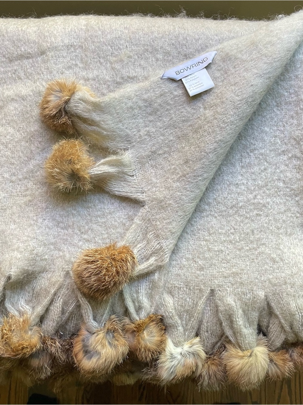 Bowring Soft Beige Fringe Pom-Pom Throw